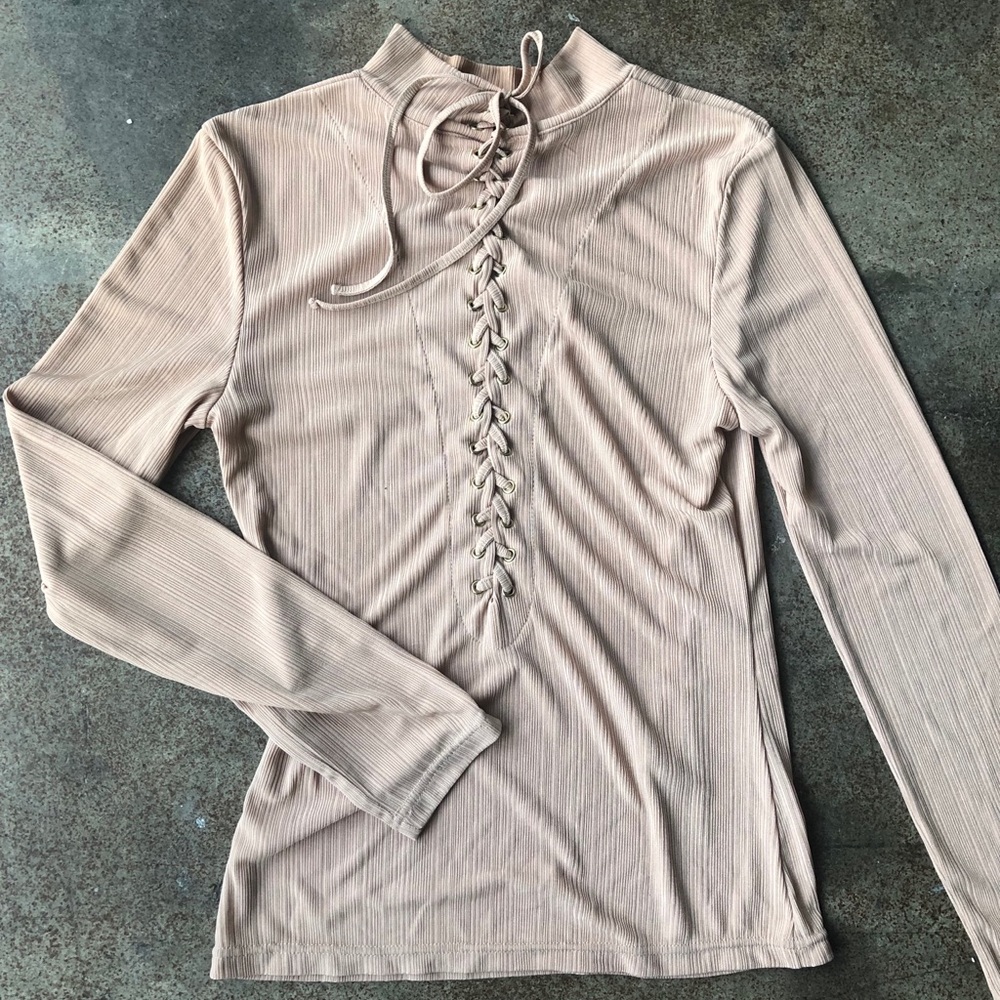 MINKPINK ribbed mock neck lace up top